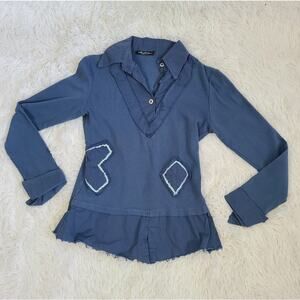 Miss Fashion Blue Italian V Neck Sweater Blouse Top Size Small